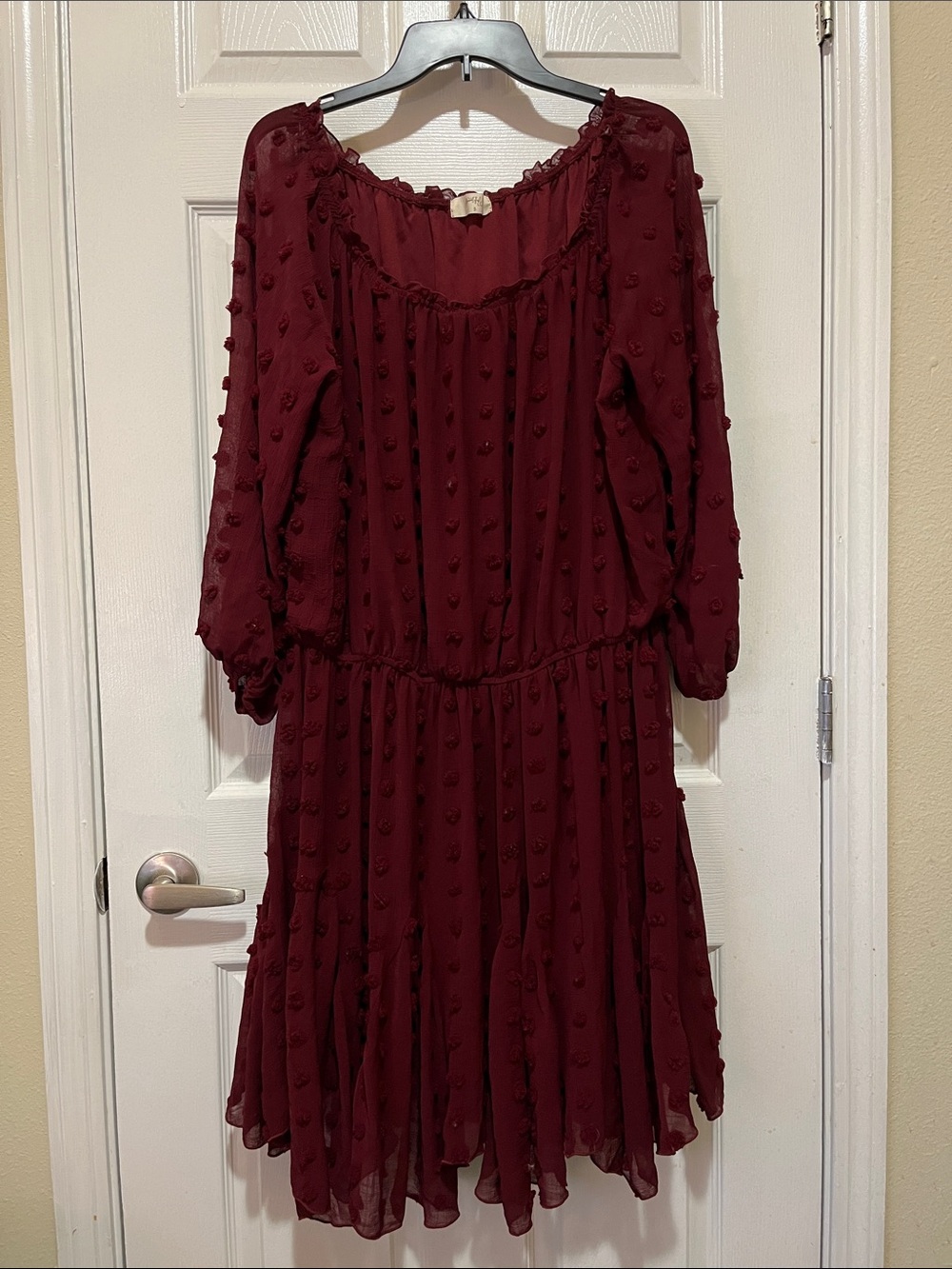 ARULA / A Beautiful Soul - Women's Burgundy Pom-Pom Texture Boho Dress